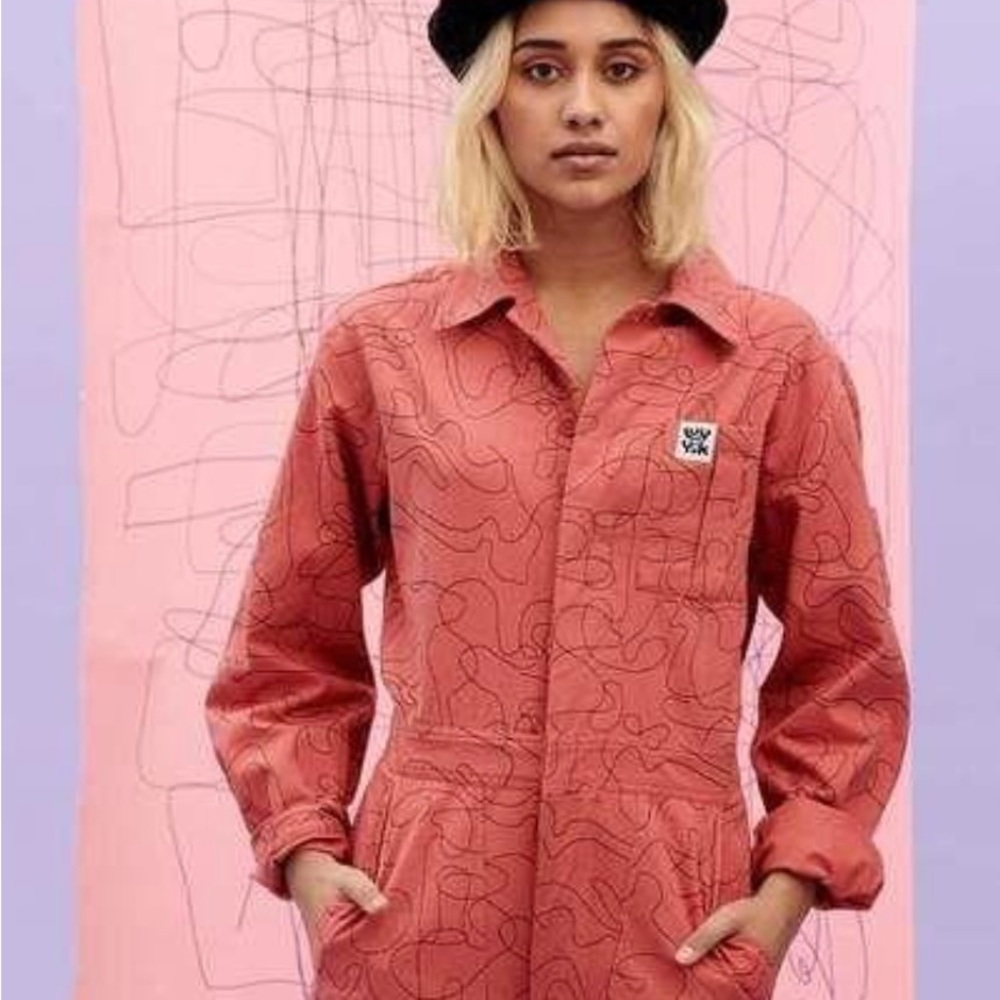 Lucy & Yak Coral Pink Scribble Print Jumpsuit - Picture 2 of 6
